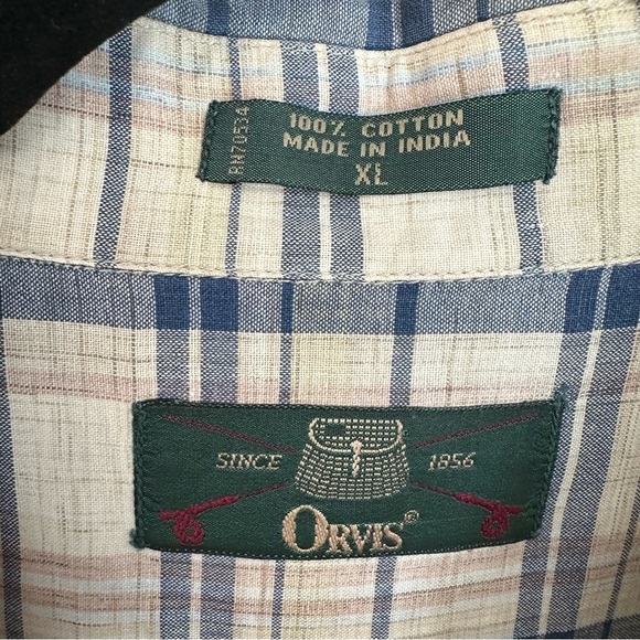 Orvis Vintage Short Sleeve Blue & Tan Plaid Cotton Button Up Shirt Sz XL GUC - Picture 4 of 8
